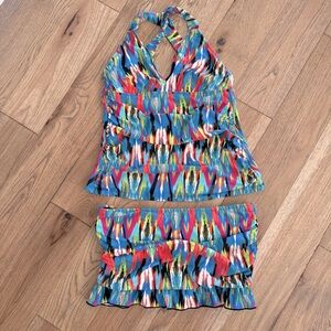 Athena Multi-Color V-Neck Tankini With Swim Skirt Size 8